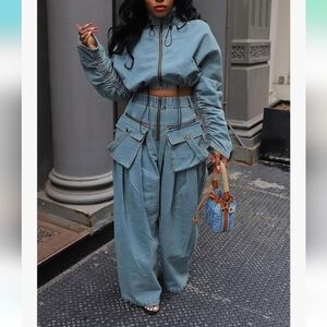 2 Piece Set Kansoon Women's XXL Outfit Denim Wide Leg Pants Jacket Zipper Baggy